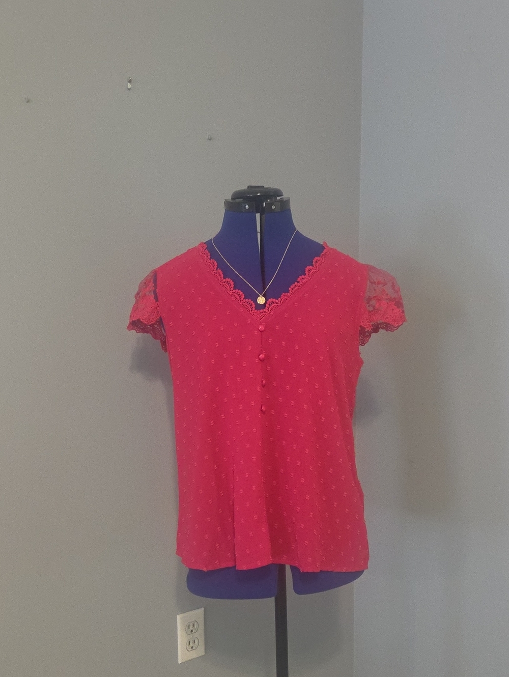 Bright Pink Lace Sleeve V-Neck Button Front Blouse